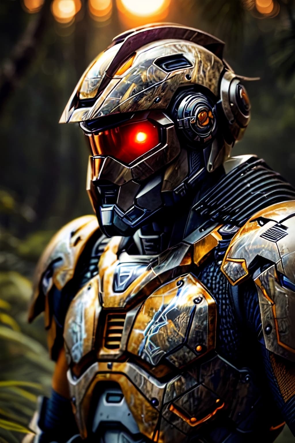 AI generated: style, sleek body armor, mecha soldier, portrait, 85mm, f1.8, close up, photo realistic, jungle back...