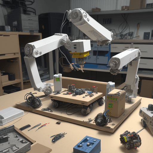 AI generated: Create an image of an electronics lab, zoom in on a workbench, where there will be some scattered pa...