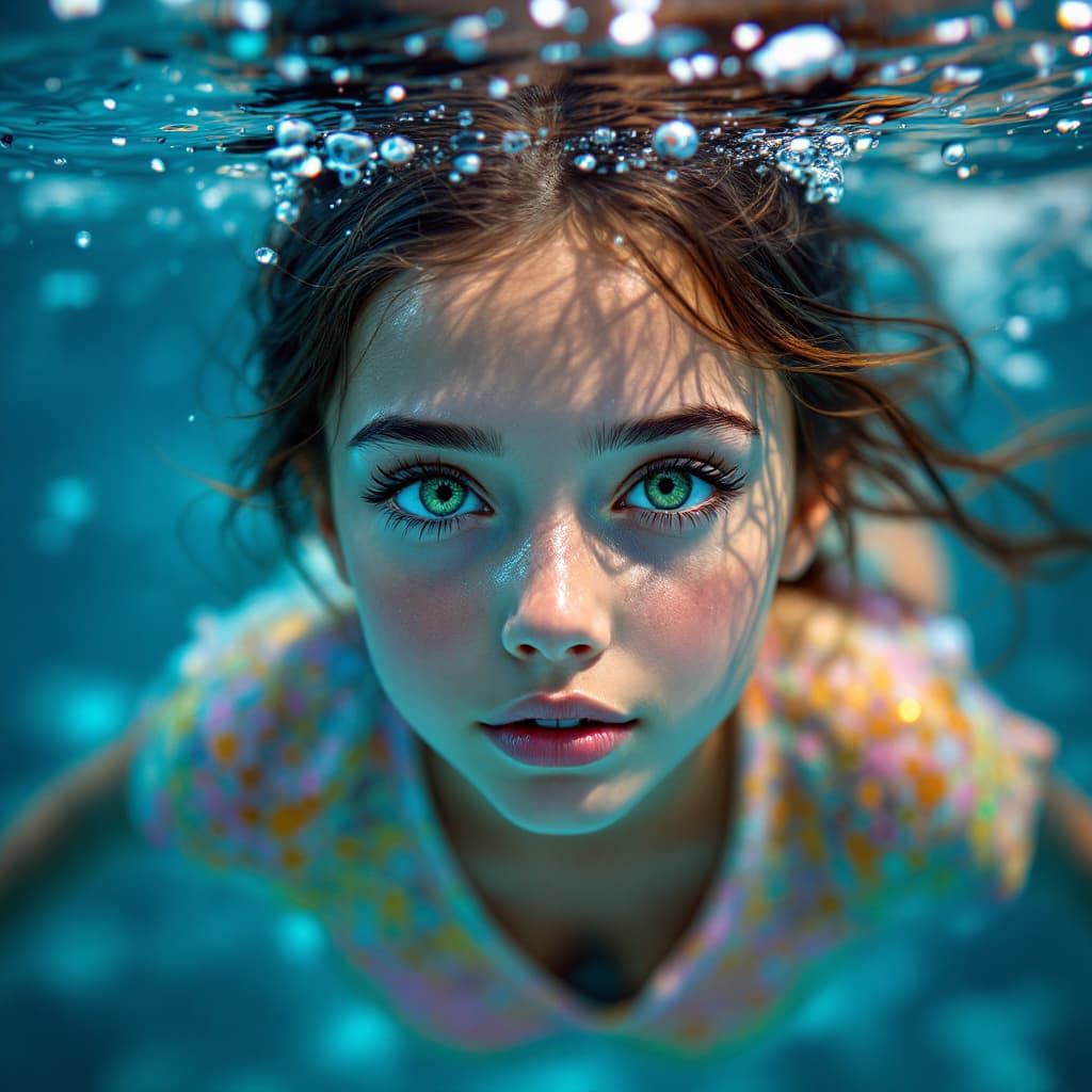 AI generated: A beautiful girl with big green eyes and long eyelashes is swimming underwater. The water around her...