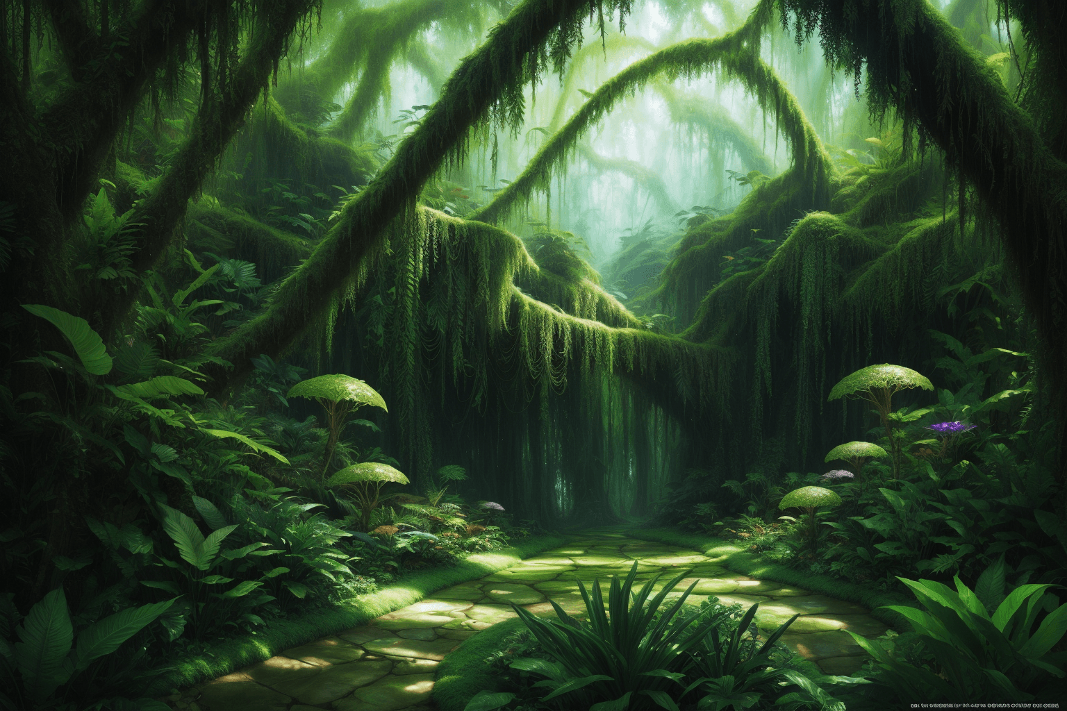 AI generated: captivating neverending rainforest made of wonderland, variety of alien flora and fauna, high detail...