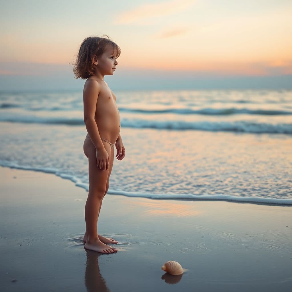 AI generated: A serene beach scene at the cusp of dusk, with the sky a canvas of soft pinks and purples blending i...