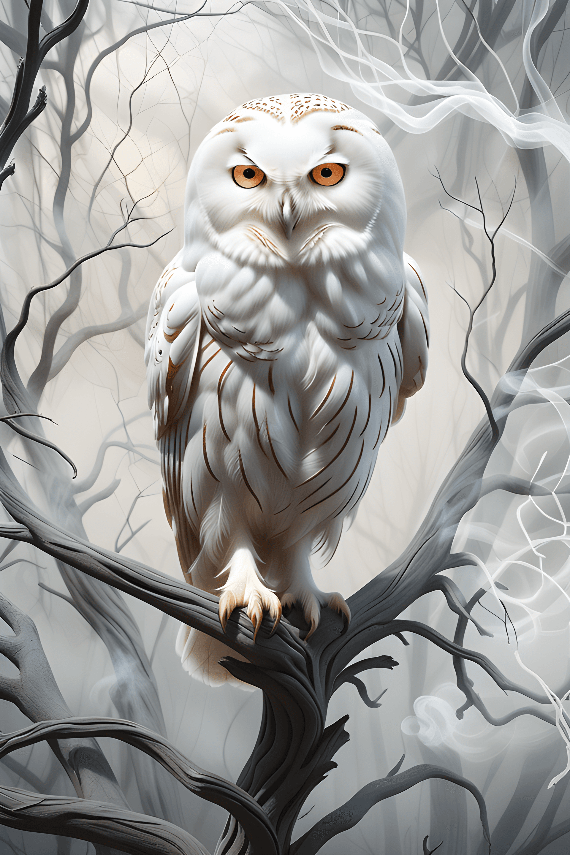 AI generated: Digital art of a ghostly albino owl, dry tree branches. Background with lots of white smoke around. ...