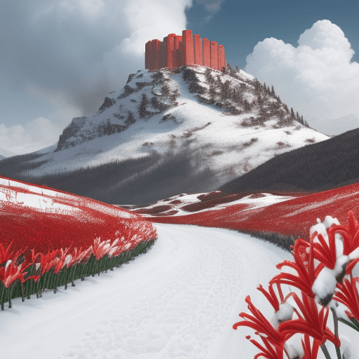 AI generated: Snow scenery, Snow road, blooming red lilies, two crumbled black towers in the distance, cloudy