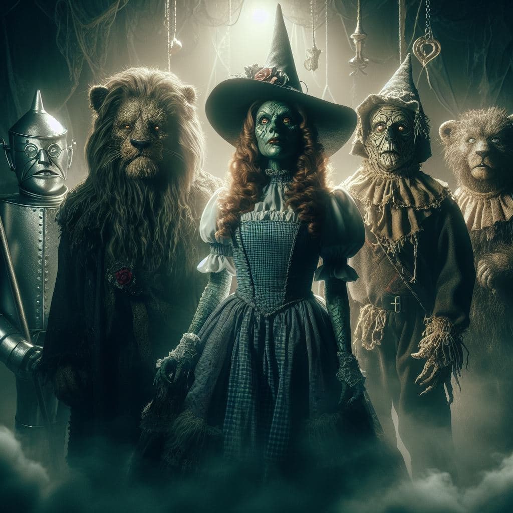 AI generated: heavy nightmare version of Dolly in the land of oz,the tinman,the lion,the scarecrow,the witch,dynam...