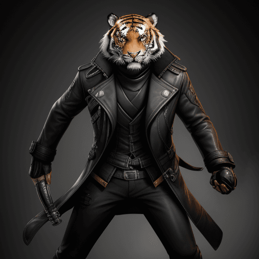 AI generated: angry tiger, leather coat, portrait, dishonored inspired, full body, HQ, 8K --ar 2:3