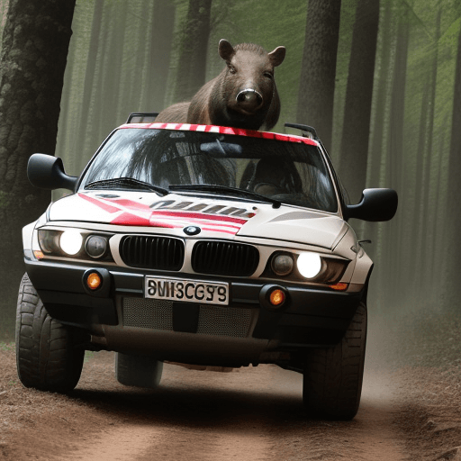 AI generated: big wild boar (animal) that runs though the forest, he should handle poland flag and BMW M badge sho...