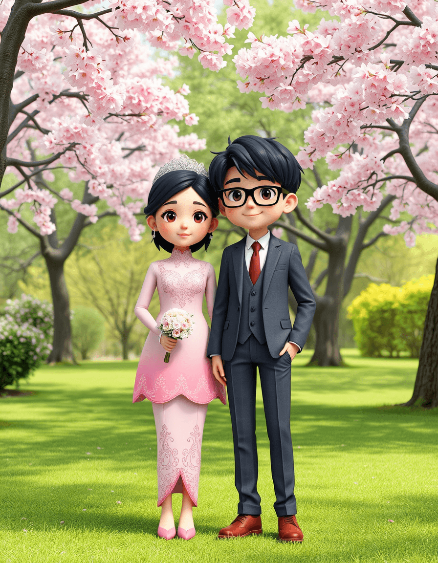 AI generated: A 3D render anime-style medium shot of a couple standing outside. The boy, aged 22, is wearing a gre...