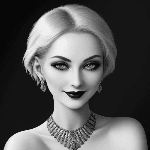 AI generated: Old black and white photography from 1920 of an elegant woman, short grey hair, slim, skinny, Make-u...