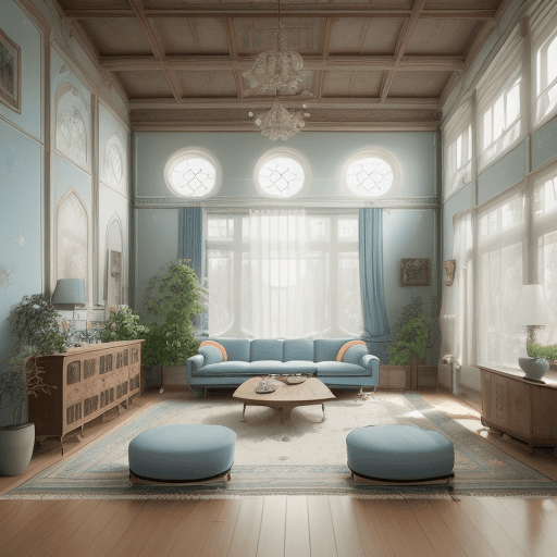 AI generated: High resolution photography interior design, dreamy sunken living room conversation pit, wooden floo...