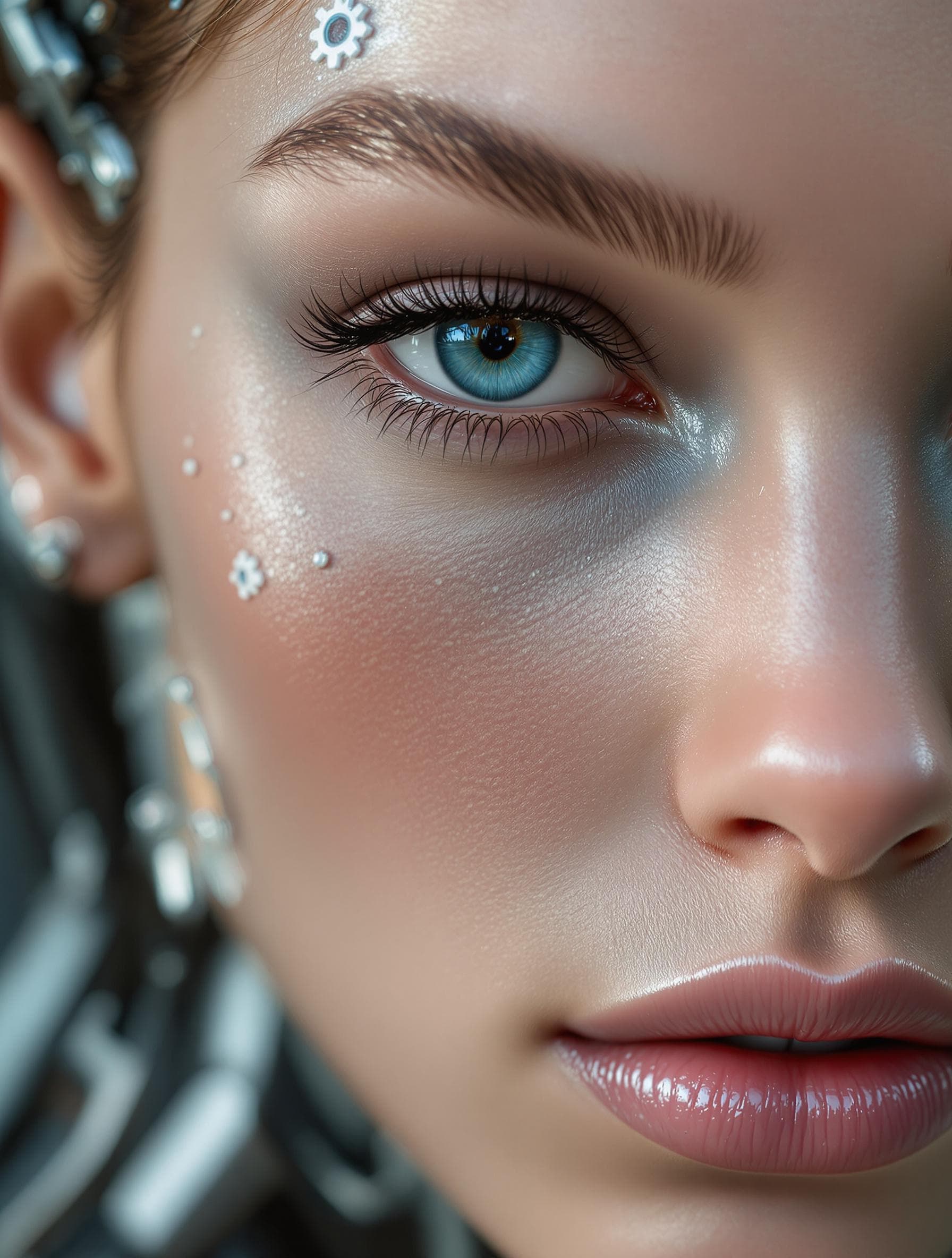 AI generated: close-up of a stunning half human woman , half robot fashion model, ultra-realistic portrait, shot o...