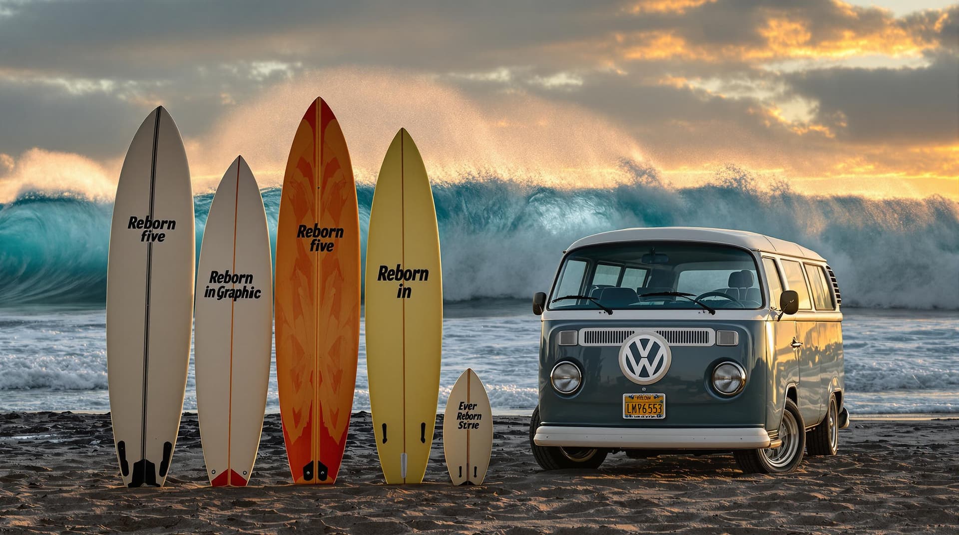 AI generated: A highly detailed distant ,ultra high definition pro photo of a five surfboards standing in the sand...