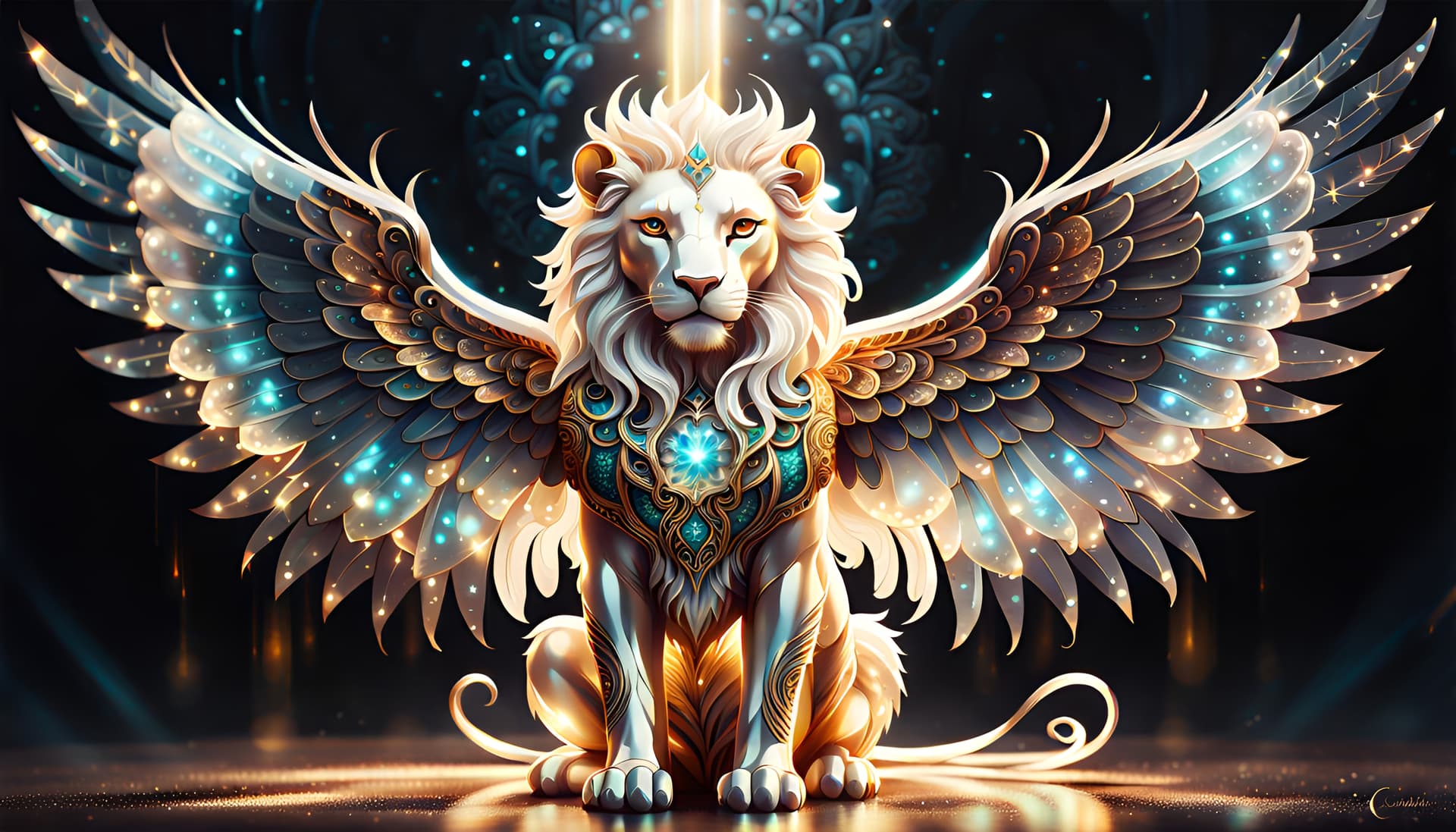 AI generated: A angelic mythical lion with spreading arms with glowing intricate transparent wings, symmetrical hy...