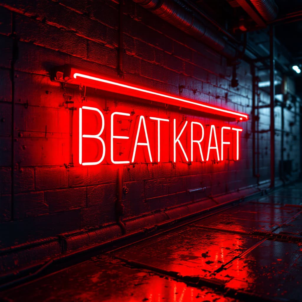AI generated: hyper realistic red tube light writing in a bright industrial bar with the text - BEATKRAFT