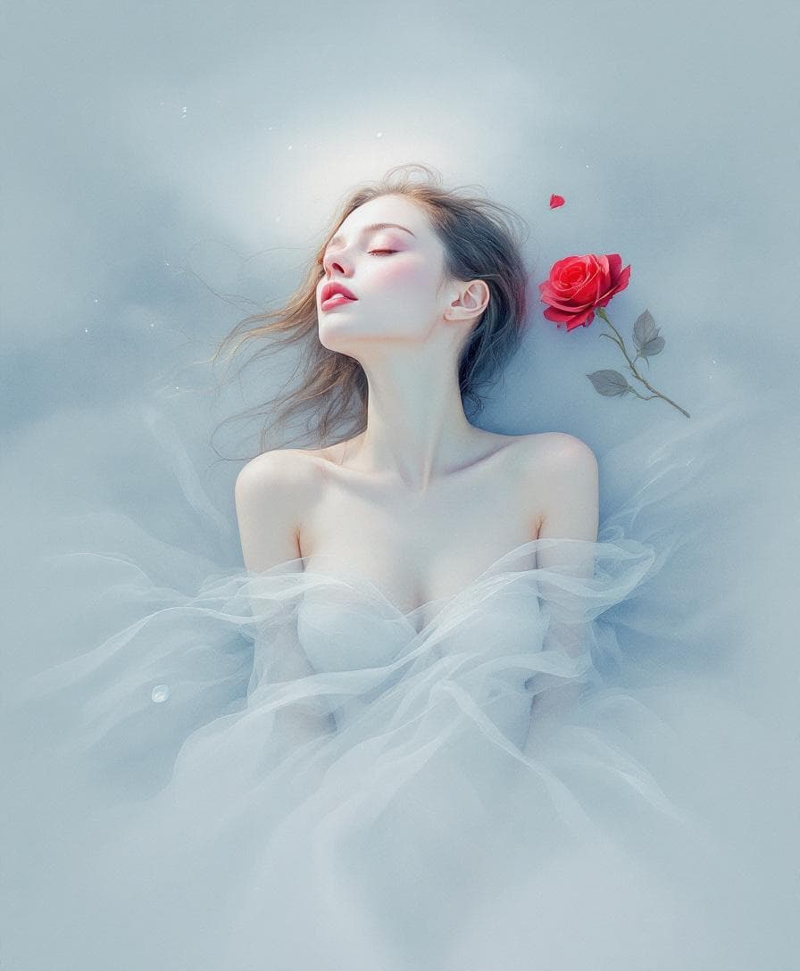 AI generated: ethereal woman floating, watercolor painting style, concept of nothingness, liminal space, introspec...