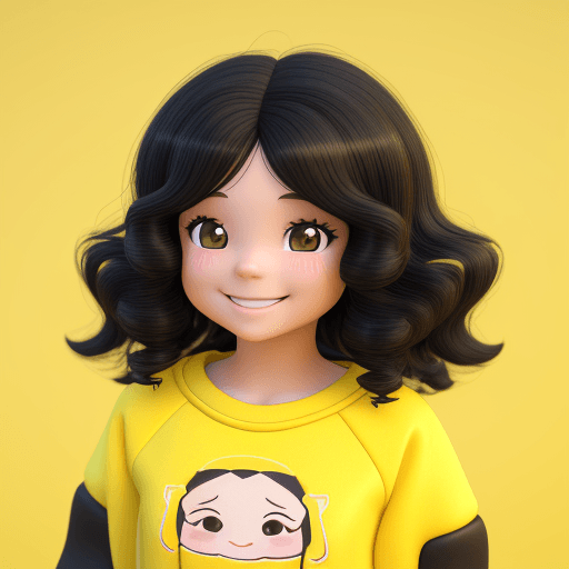 AI generated: small girl, 3D, 8k, wavy hair, black hair, smiling, looking ahead, front scene, yellow sweatshirt, 3...