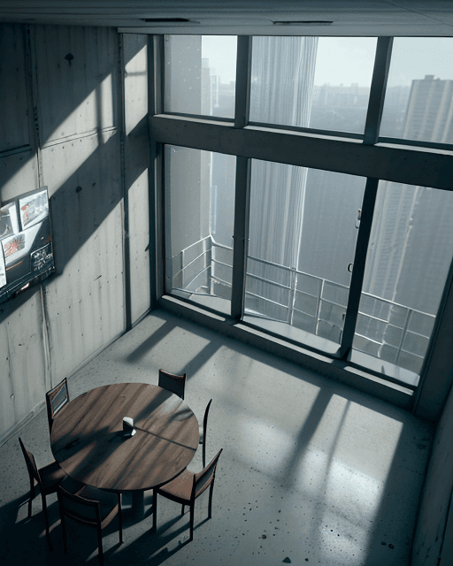 AI generated: social area with room and table inside a building with a concrete wall and a top-to-bottom window, a...
