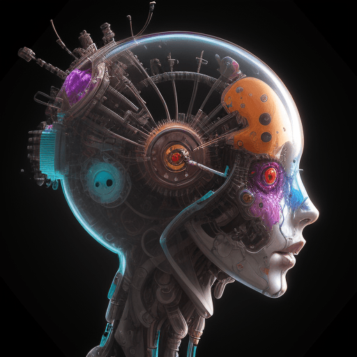 AI generated: highly detailed robot head, clockwork, transparent, filled with colorful liquid, expressive, abstrac...