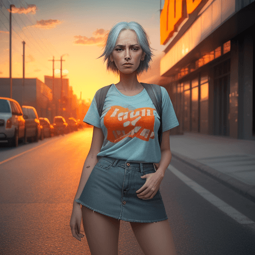 AI generated: a beautiful girl stands on the street in a denim skirt and an orange t-shirt with gray hair, best re...