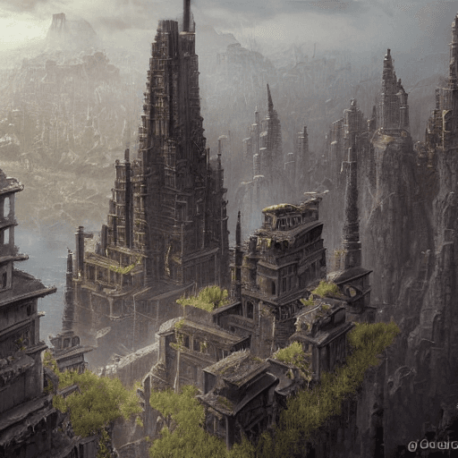 AI generated: an ultra detailed matte painting of a lonely and impossibly elevated temple district of the damned g...