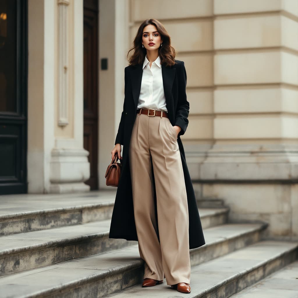 AI generated: A photograph of an elegant woman wearing wide-leg pants, a white shirt, and a long black coat with b...