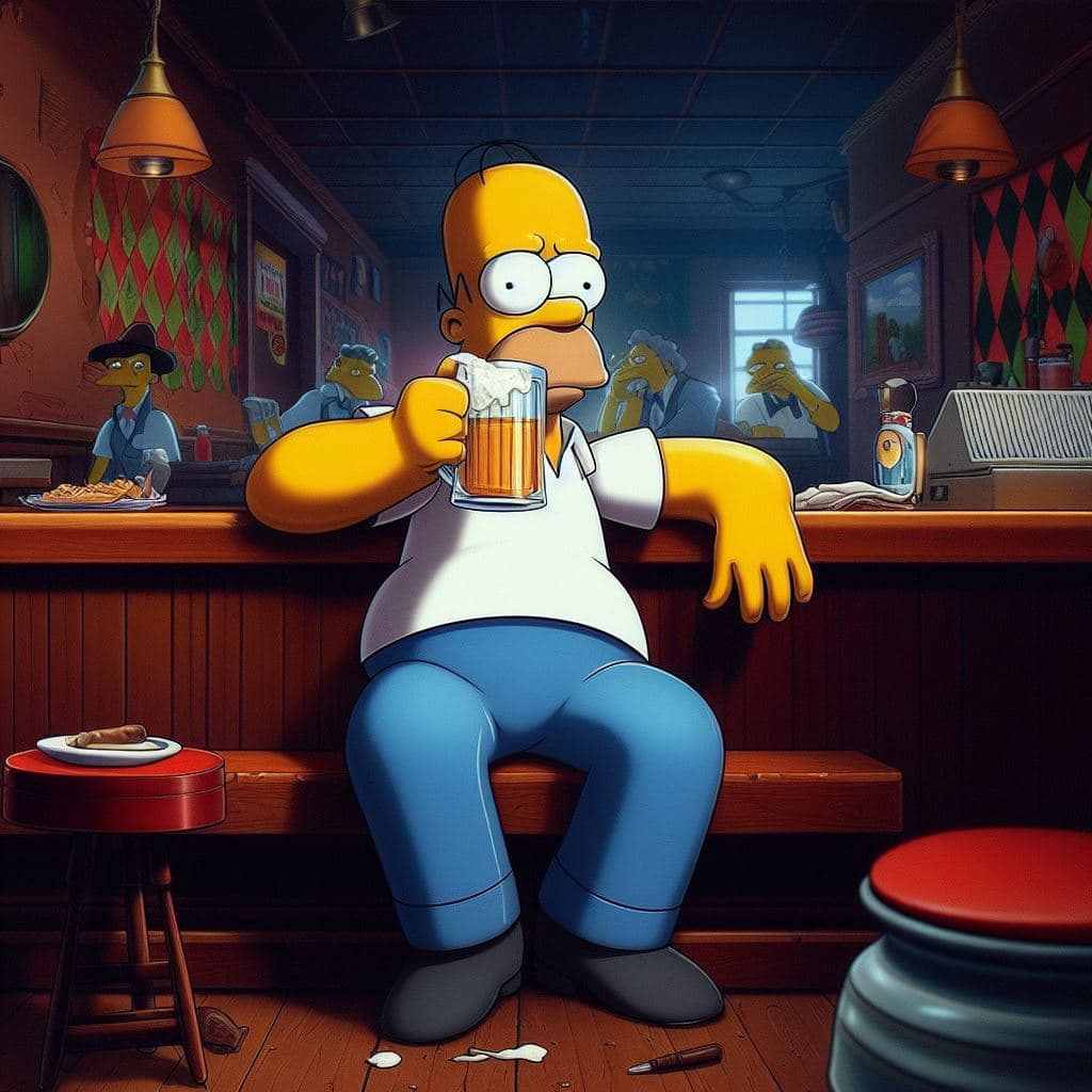 AI generated: homer simpson .he is sitting in moe's tavern drinking a beer