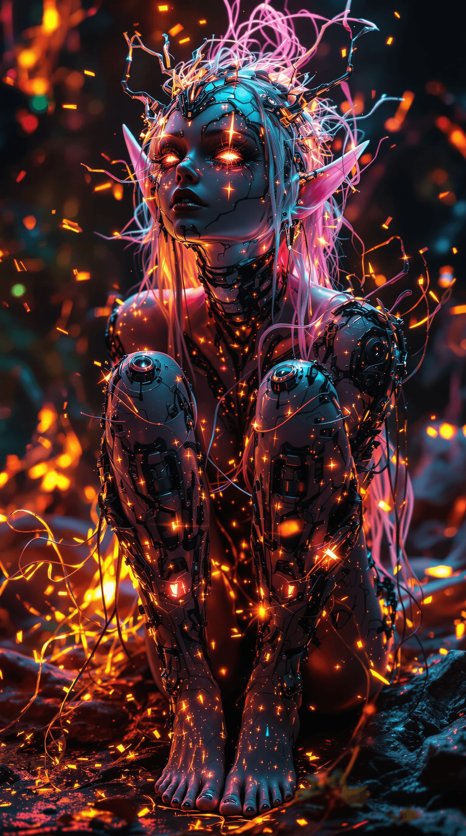 AI generated: surreal black light poster of a intricate portrait of An amazing cyberpunk elven pixie cyborg creatu...