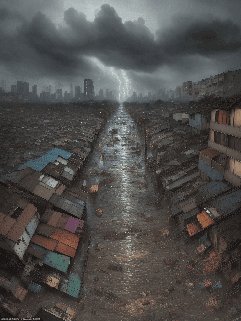 AI generated: A heavy storm and flooding of a slum area,iconic album covers,
rain,typhon,
litter,intricate detail,...