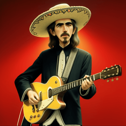 AI generated: george harrison en mexico con guitarra en  mano, 
de charro cantando let it be