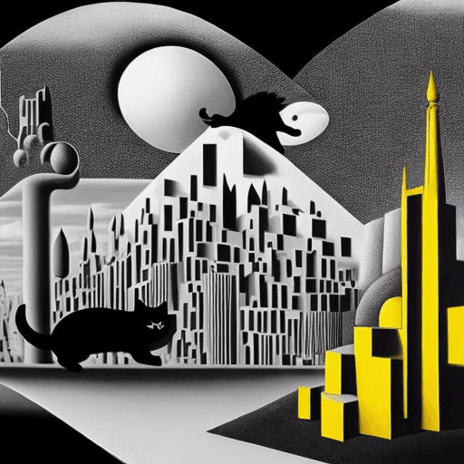 AI generated: 3d surreal landscape, black and white and primary colours inspired by Rene Magritte, a realistic ove...