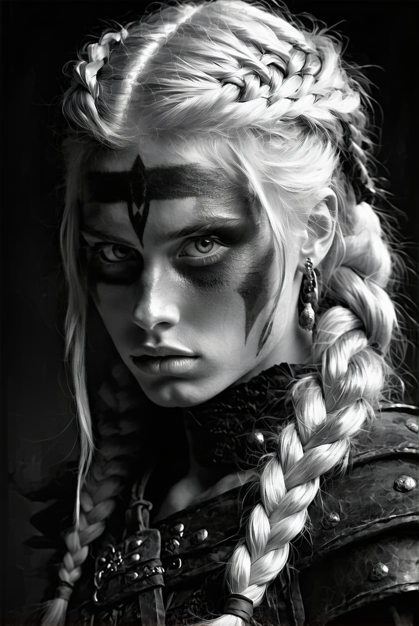 AI generated: dessin en noir et blanc d'une guerrière viking aux cheveux tressés, portant de la peinture de guerre...