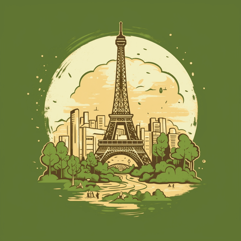 AI generated: Tshirt illustration, French-themed Eiffel Tower, hd, Studio Ghibli, Leo Putz, svg, vector, impressio...