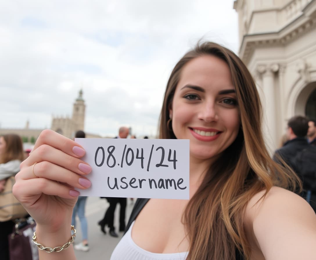 AI generated: Selfie of a lady holding a handwritten small sign that says, “08/04/24” “username” 