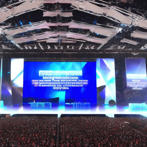 AI generated: stage design of company’s awarding ceremony, 500 attendees, modern, large digital screens, conventio...