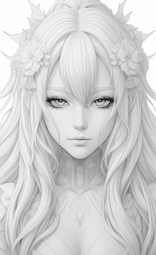 AI generated: coloring page Anime portrait clean line art, black pen line high detail,,wild dynamic white hair, wo...