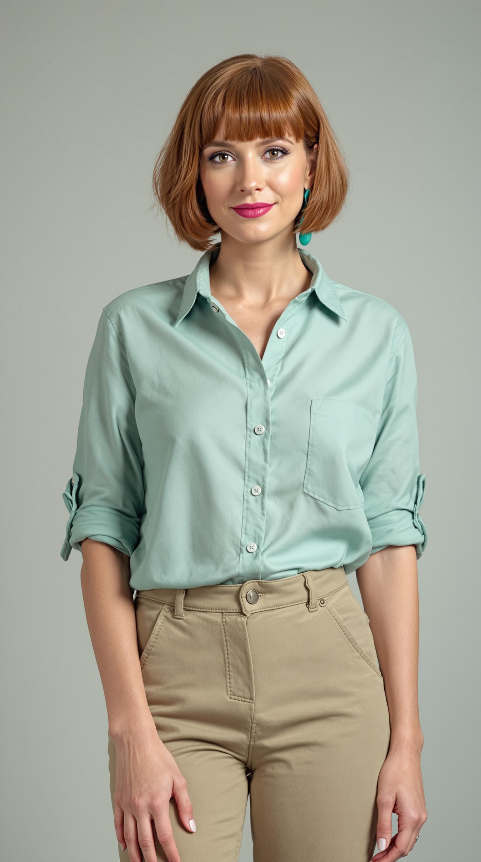 AI generated: A hyper-realistic portrait of a slender woman inspired by Lois Griffin; distinctive short auburn bob...