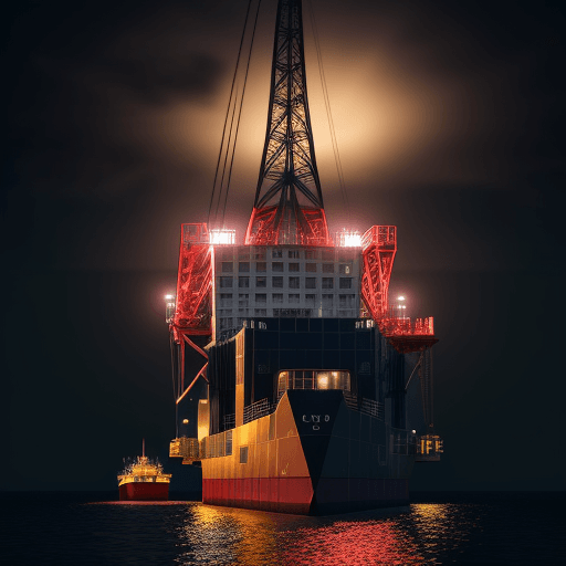 AI generated: a crane barge lift up offshore jacket in a night, surreal, intricated details, highest quality, 8k