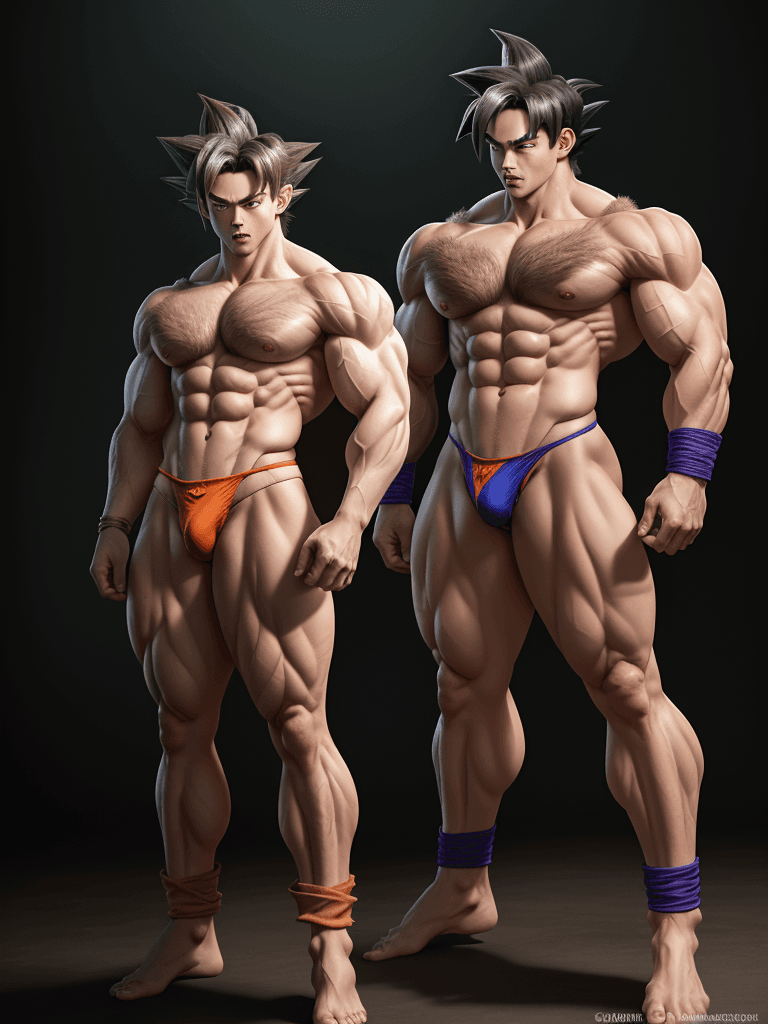 AI generated: Goku, caucasian complexion, big muscles and big thighs, lean waisr, handosme, tall, big bulge, in hi...