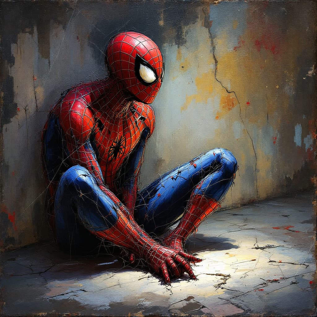 AI generated: impasto oil painting of Spiderman, only more spider than man. There are elements of the Spiderman co...
