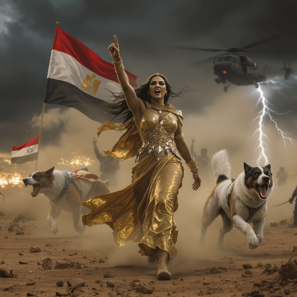 AI generated: Transform the image into an epic, animated cinematic scene. Have the Egyptian woman in the golden ro...