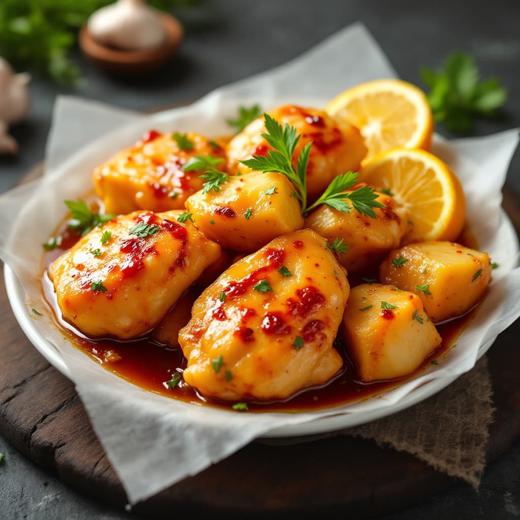 AI generated: acts as a digital marketing expert and generates an image of pieces of marinated chicken, the image ...