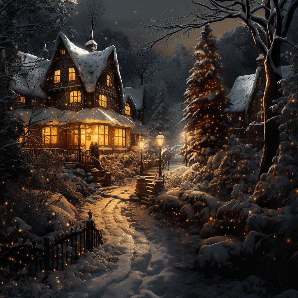 AI generated: Art by Kajenna, full body, christmas evening in winter forest, falling snow christmas tree and engli...