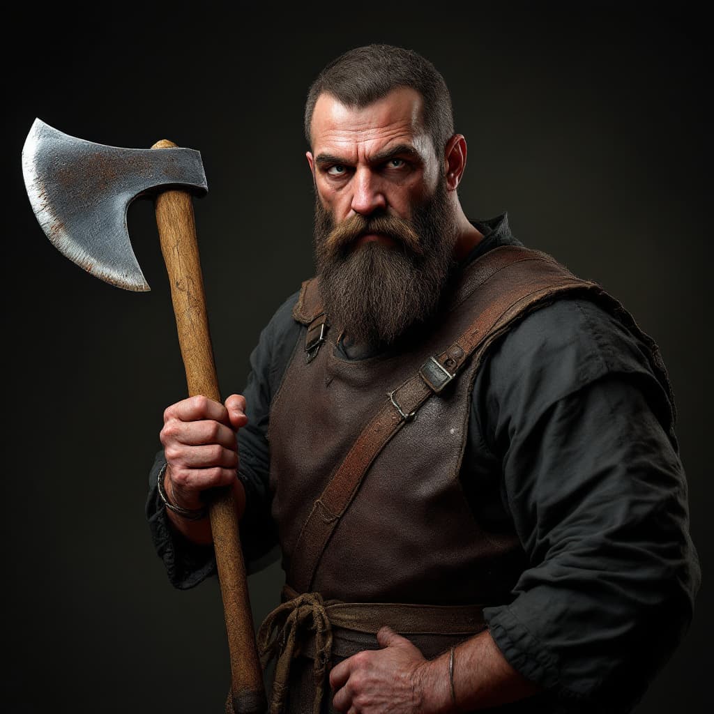 AI generated: Middle Ages, normal looking butcher with axe, hyper realism, no background, high detail, 4k