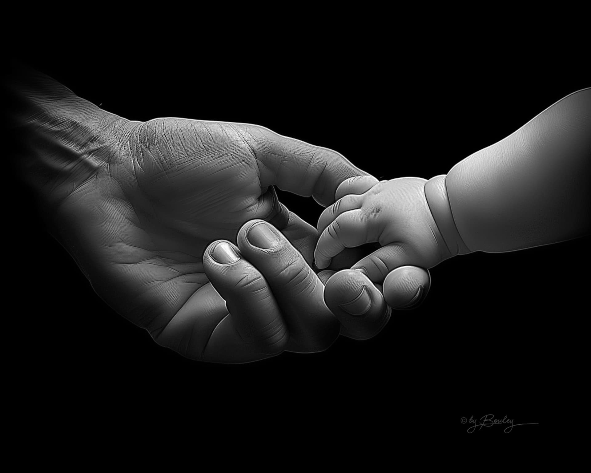 AI generated: photorealistic, black and white, adult hand holding a baby's Hand: A gentle adult hand holding a bab...