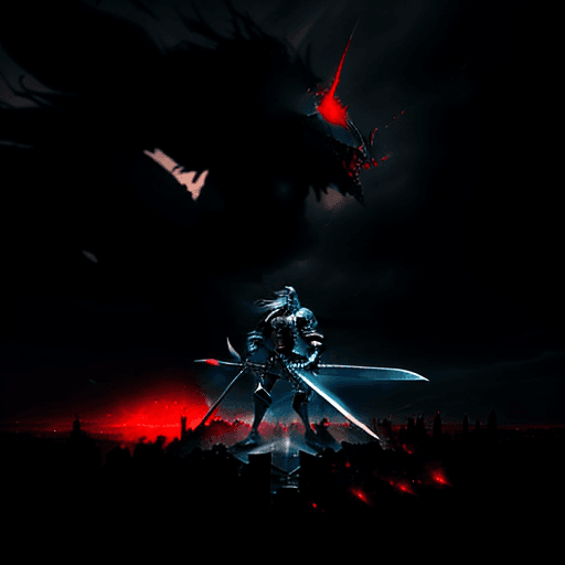 AI generated: A knight destroying an entire city with his sword while the sky is tearing, slams his big sword into...