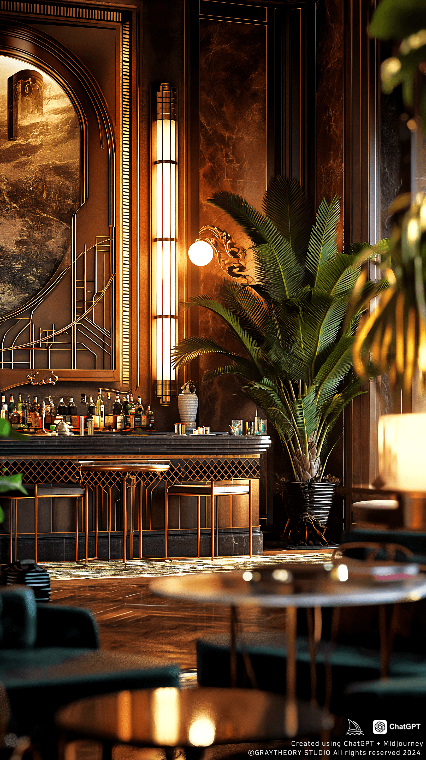 AI generated: cinematic, candid shot, a luxurious Art Deco lounge, bold geometric patterns and metallic finishes, ...