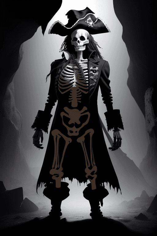 AI generated: The image features a skeleton dressed as a pirate, wearing a pirate hat and a black coat. The skelet...
