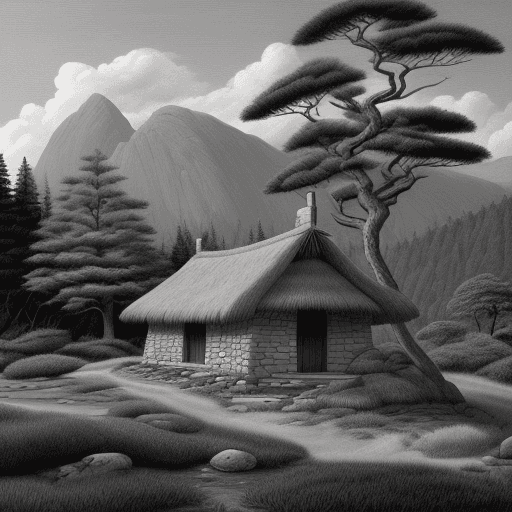 AI generated: Landscape painting, thatched hut, rock, pine tree, black and white, gray