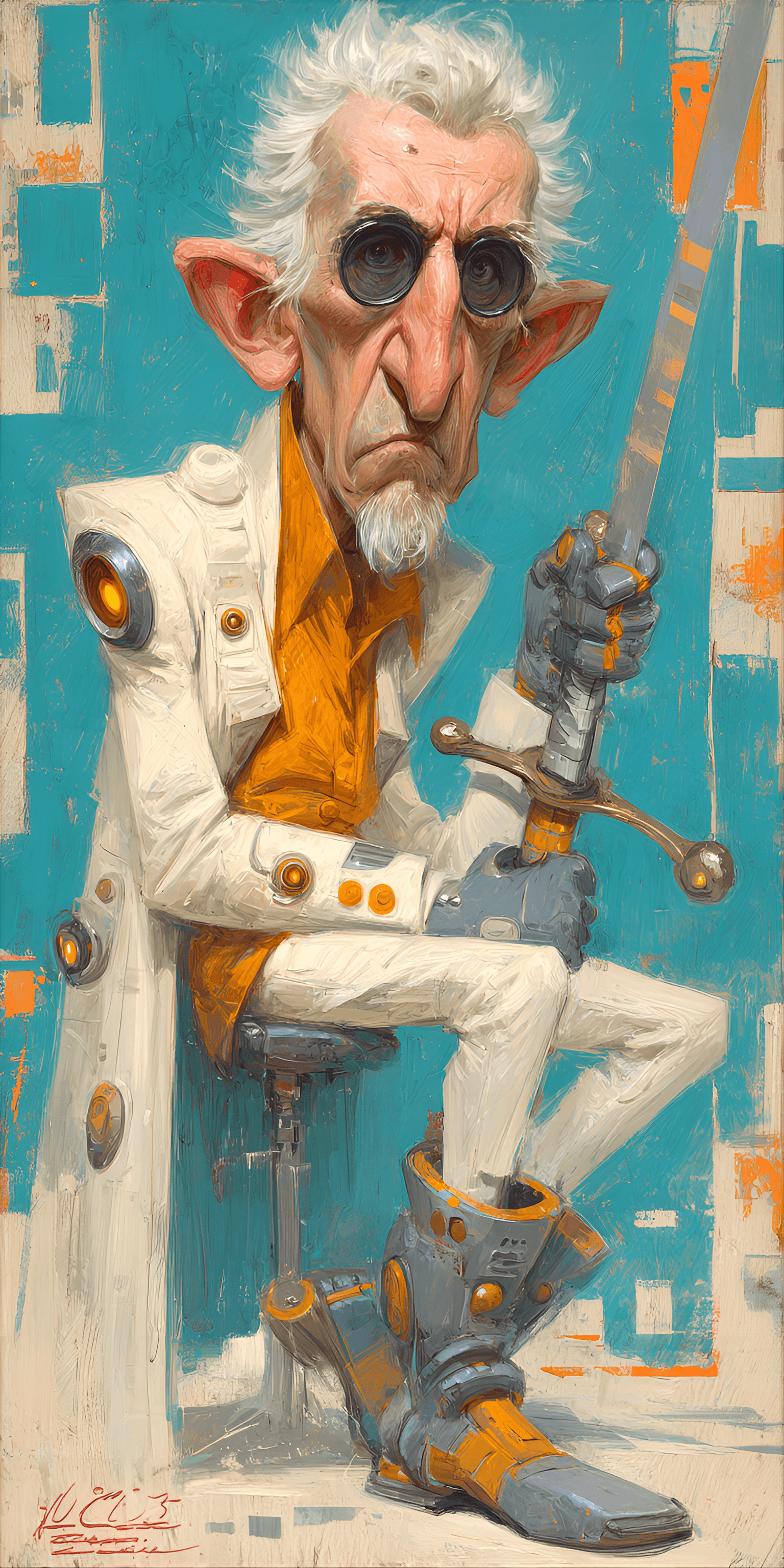 AI generated: funny caricature, futuristic rebel caricature, elderly alien male, 300 years old, grey skin, pointed...