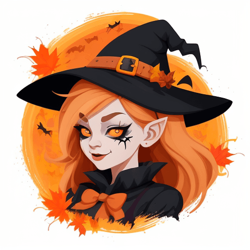 AI generated: autumn iconpack of a charming girl as Halloween witch, random face expressions, random coloring, car...