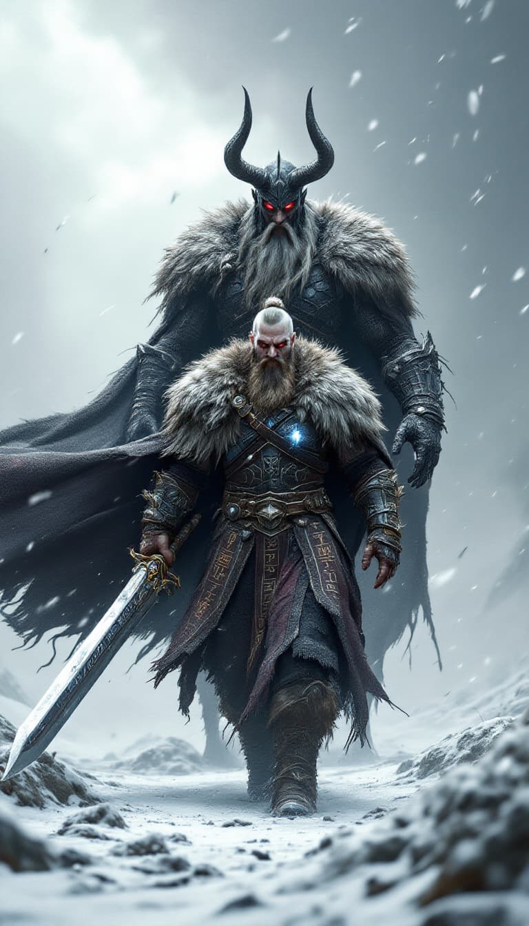 AI generated: An ultra-realistic, zoomed out, front facing full-body portrait of a towering Berserker, his fur-lin...